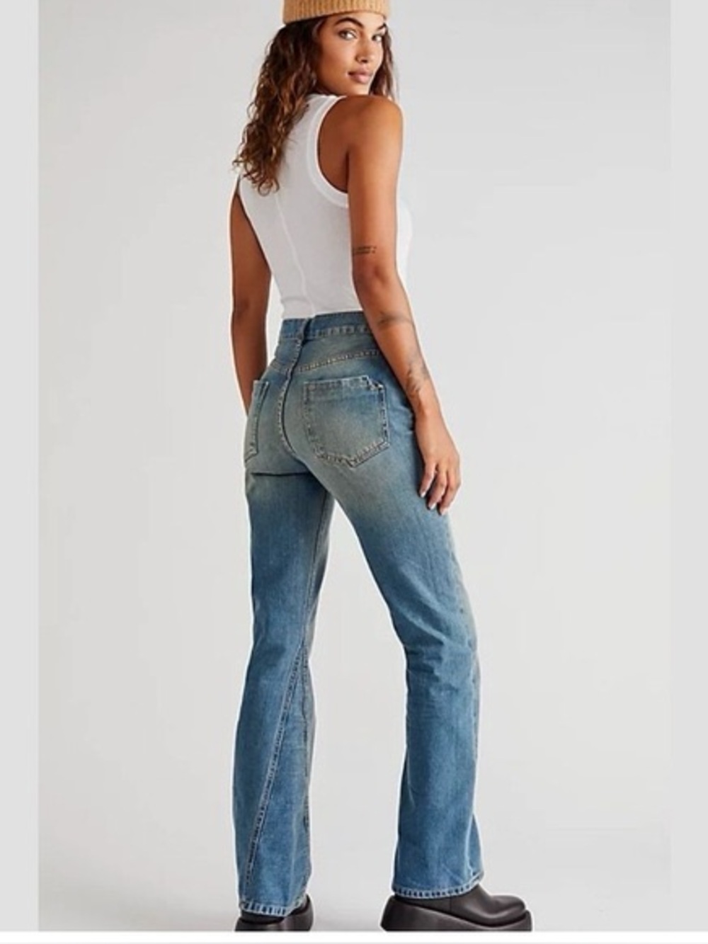 Free People Women's Vintage Blue Flare Jeans - High Rise Wide Leg